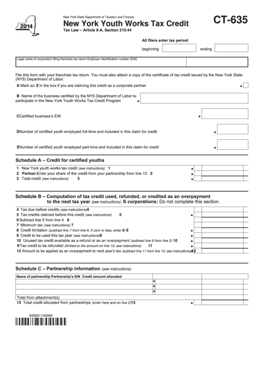 Form Ct-635 - New York Youth Works Tax Credit - 2014 Printable pdf