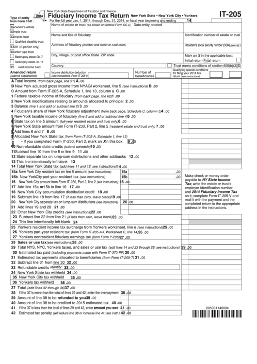 Fillable Form It-205 - Fiduciary Income Tax Return - 2014 Printable pdf