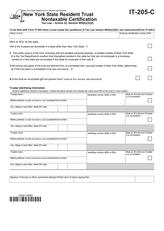 Fillable Form It-205-C - New York State Resident Trust Nontaxable Certification - 2014 Printable pdf