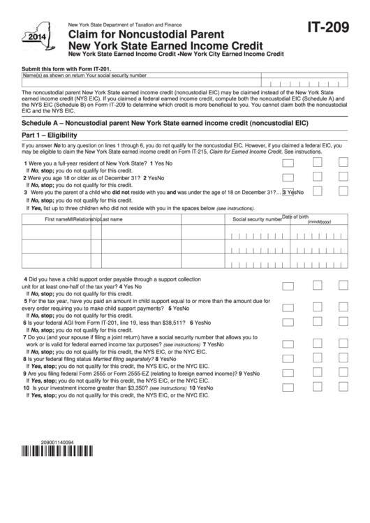 Fillable Form It-209 - Claim For Noncustodial Parent New York State Earned Income Credit - 2014 Printable pdf