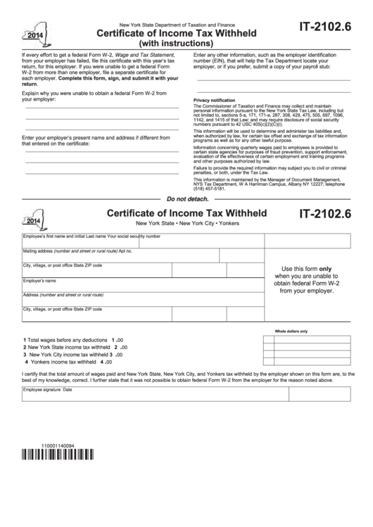 Fillable Form It-2102.6 - Certificate Of Income Tax Withheld - 2014 Printable pdf