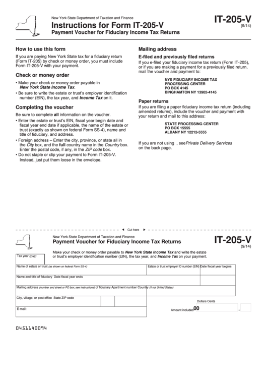 Fillable Form It-205-V - Payment Voucher For Fiduciary Income Tax Returns Printable pdf