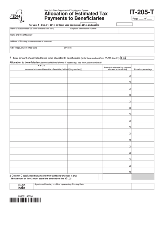 Fillable Form It-205-T - Allocation Of Estimated Tax Payments To Beneficiaries - 2014 Printable pdf
