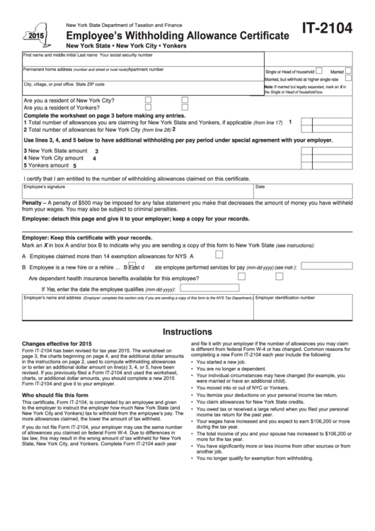 Fillable Form It-2104 - Employee