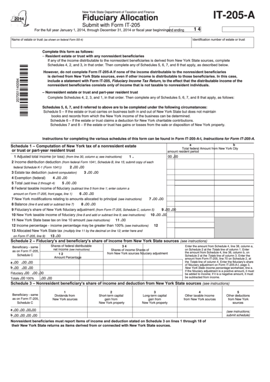 Fillable Form It-205-A - Fiduciary Allocation - 2014 Printable pdf