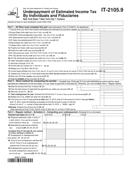 Fillable Form It-2105.9 - Underpayment Of Estimated Income Tax By Individuals And Fiduciaries - 2014 Printable pdf