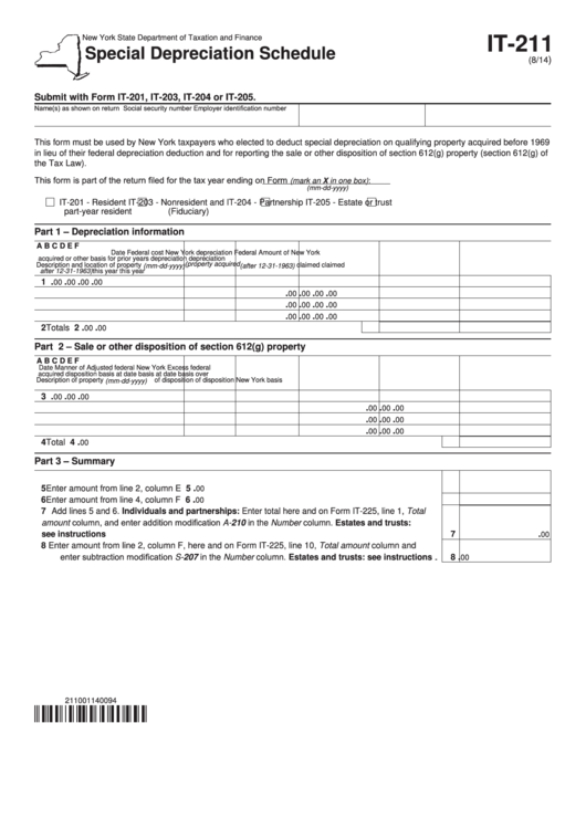 Fillable Form It-211 - Special Depreciation Schedule Printable pdf