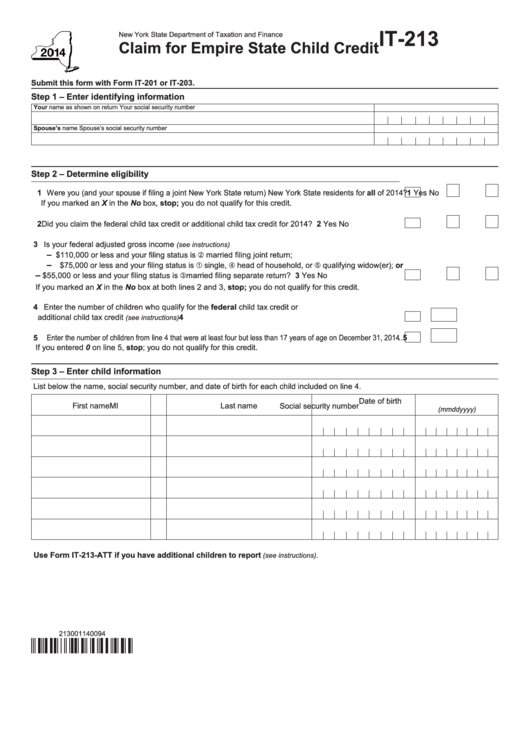 Fillable Form It-213 - Claim For Empire State Child Credit - 2014 Printable pdf