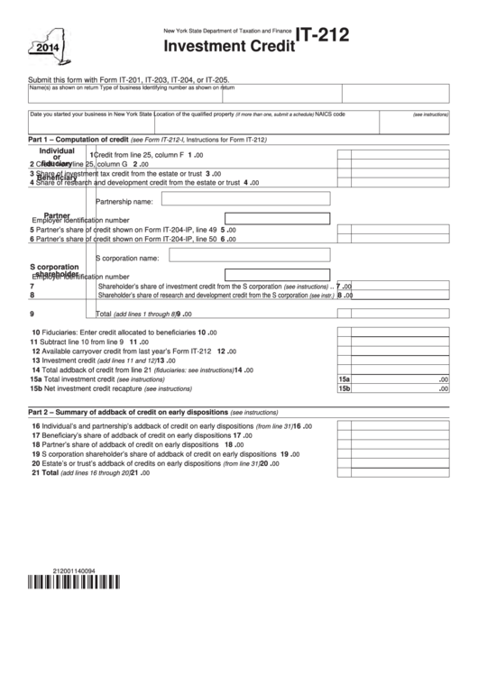 Fillable Form It-212 - Investment Credit - 2014 Printable pdf