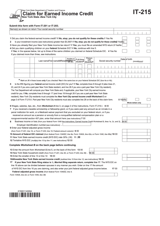 Fillable Form It-215 - Claim For Earned Income Credit - 2014 Printable pdf