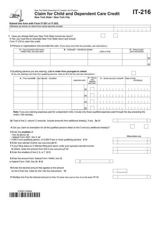 Fillable Form It-216 - Claim For Child And Dependent Care Credit - 2014 Printable pdf