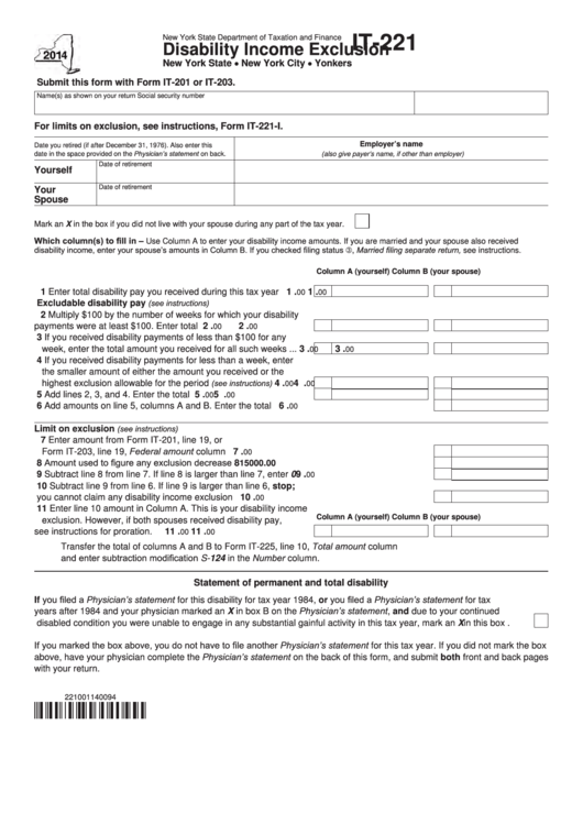 Fillable Form It-221 - Disability Income Exclusion - 2014 Printable pdf