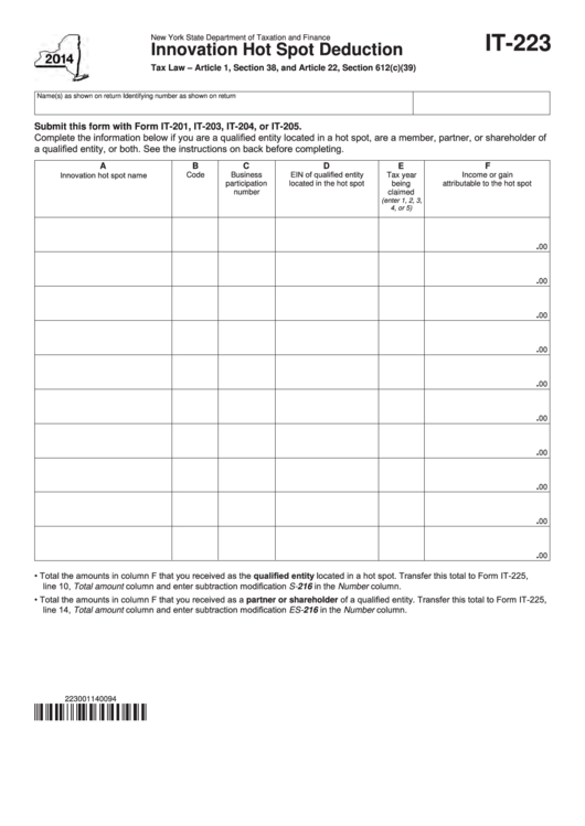 Fillable Form It-223 - Innovation Hot Spot Deduction - 2014 Printable pdf