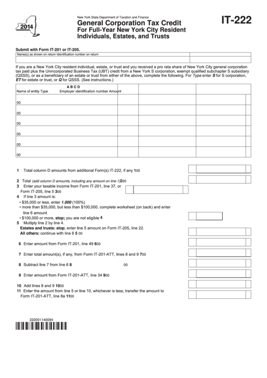 Fillable Form It-222 - General Corporation Tax Credit For Full-Year New York City Resident Individuals, Estates, And Trusts - 2014 Printable pdf