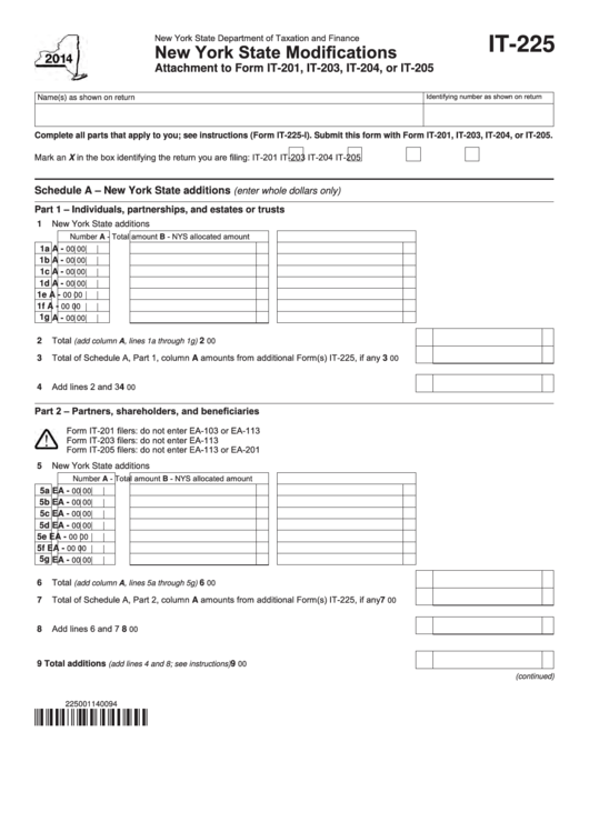 Fillable Form It 225 New York State Modifications 2014 Printable 