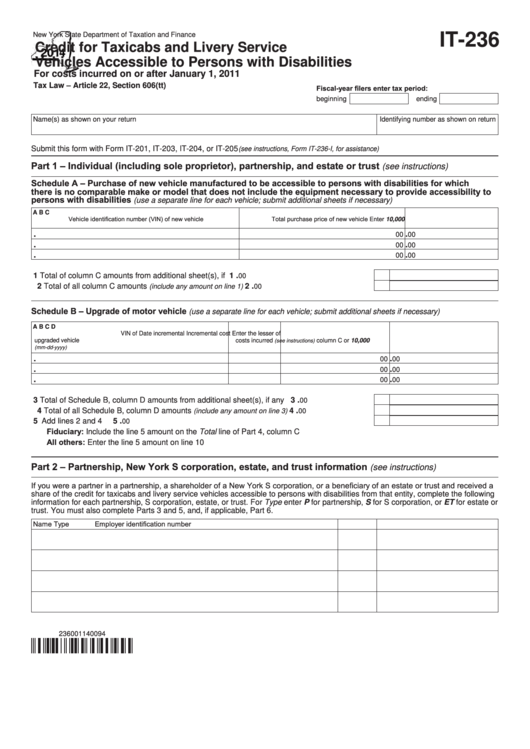 Fillable Form It-236 - Credit For Taxicabs And Livery Service Vehicles Accessible To Persons With Disabilities - 2014 Printable pdf