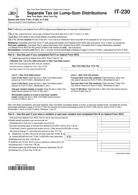 Fillable Form It-230 - Separate Tax On Lump-Sum Distributions - 2014 Printable pdf