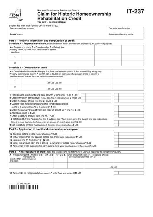 Fillable Form It-237 - Claim For Historic Homeownership Rehabilitation Credit - 2014 Printable pdf