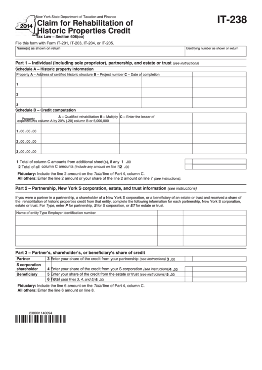 Fillable Form It-238 - Claim For Rehabilitation Of Historic Properties Credit - 2014 Printable pdf