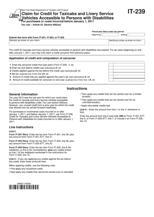 Fillable Form It-239 - Claim For Credit For Taxicabs And Livery Service Vehicles Accessible To Persons With Disabilities - 2014 Printable pdf