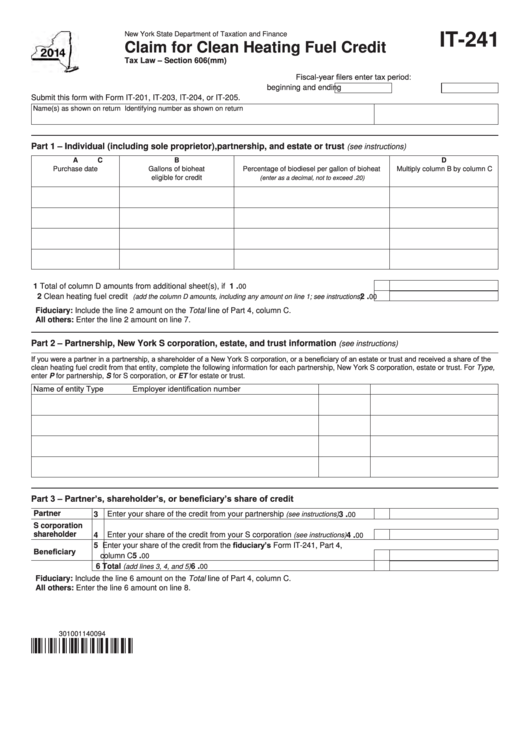 Fillable Form It-241 - Claim For Clean Heating Fuel Credit - 2014 Printable pdf