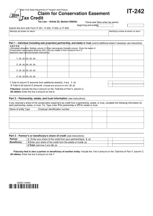 Fillable Form It-242 - Claim For Conservation Easement Tax Credit - 2014 Printable pdf