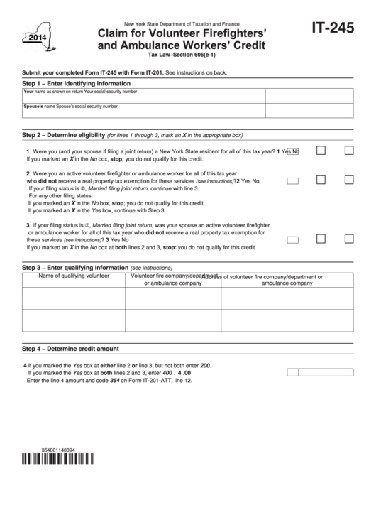 Fillable Form It-245 - Claim For Volunteer Firefighters