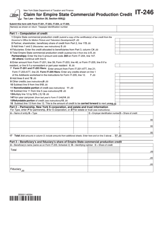 Fillable Form It-246 - Claim For Empire State Commercial Production Credit - 2014 Printable pdf