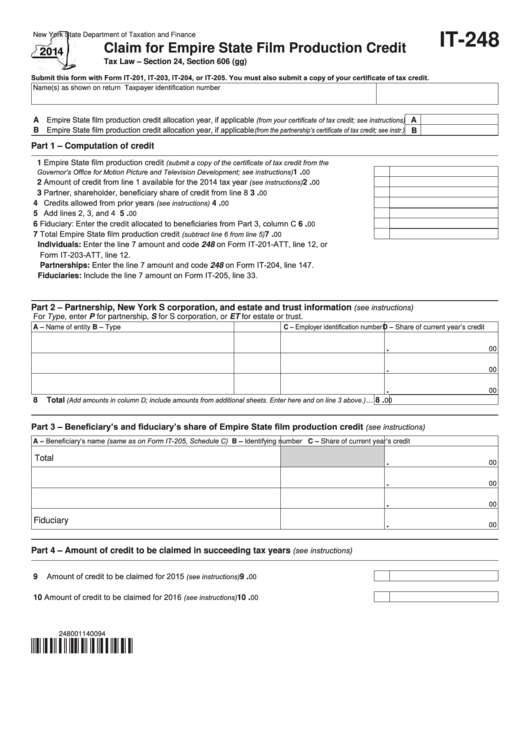 Fillable Form It-248 - Claim For Empire State Film Production Credit - 2014 Printable pdf