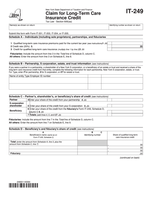 Fillable Form It-249 - Claim For Long-Term Care Insurance Credit - 2014 Printable pdf
