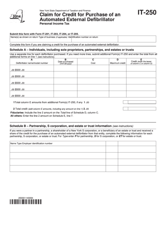 Fillable Form It-250 - Claim For Credit For Purchase Of An Automated External Defibrillator - 2014 Printable pdf