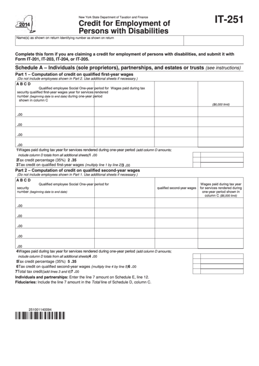 Fillable Form It-251 - Credit For Employment Of Persons With Disabilities - 2014 Printable pdf
