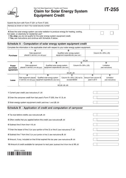 Fillable Form It-255 - Claim For Solar Energy System Equipment Credit - 2014 Printable pdf
