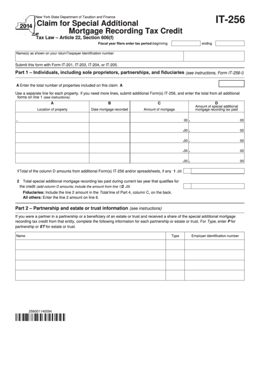 Fillable Form It-256 - Claim For Special Additional Mortgage Recording Tax Credit - 2014 Printable pdf