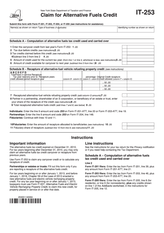 Fillable Form It-253 - Claim For Alternative Fuels Credit - 2014 Printable pdf