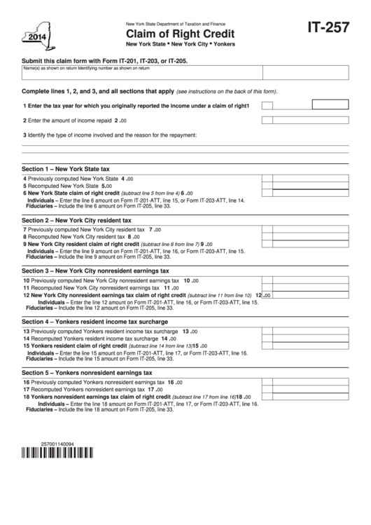 Fillable Form It-257 - Claim Of Right Credit - 2014 Printable pdf