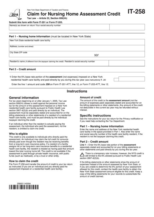 Fillable Form It-258 - Claim For Nursing Home Assessment Credit - 2014 Printable pdf