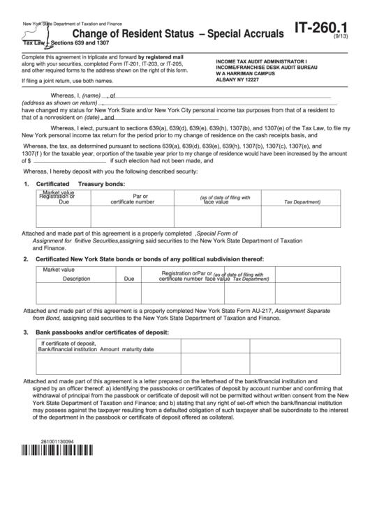 Fillable Form It-260.1 - Change Of Resident Status - Special Accruals Printable pdf