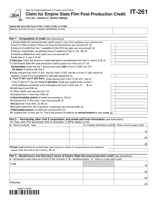Fillable Form It-261 - Claim For Empire State Film Post-Production Credit - 2014 Printable pdf