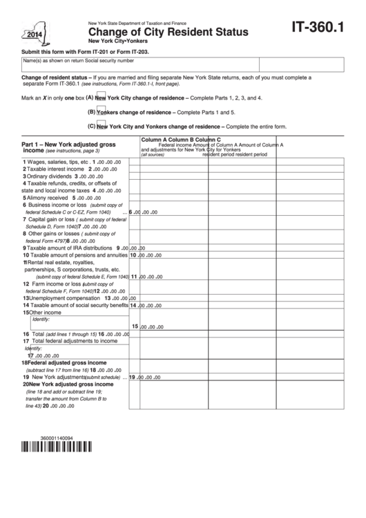 Fillable Form It-360.1 - Change Of City Resident Status - 2014 Printable pdf