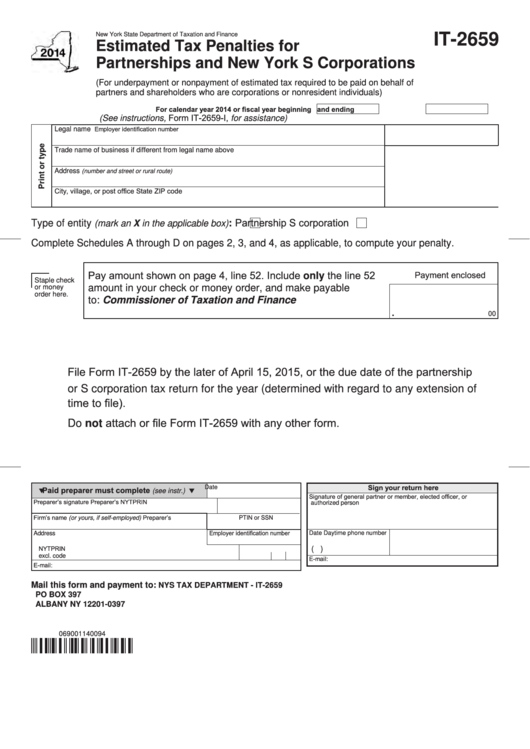 Fillable Form It-2659 - Estimated Tax Penalties For Partnerships And New York S Corporations - 2014 Printable pdf