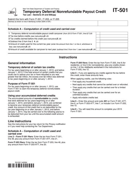 Fillable Form It-501 - Temporary Deferral Nonrefundable Payout Credit - 2014 Printable pdf