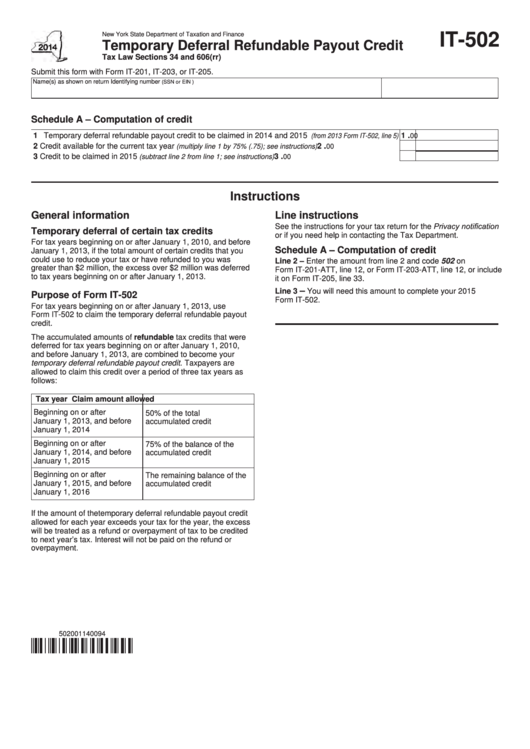 Fillable Form It-502 - Temporary Deferral Refundable Payout Credit - 2014 Printable pdf