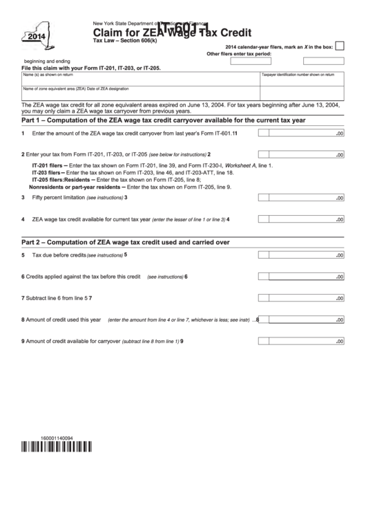 Fillable Form It-601.1 - Claim For Zea Wage Tax Credit - 2014 Printable pdf
