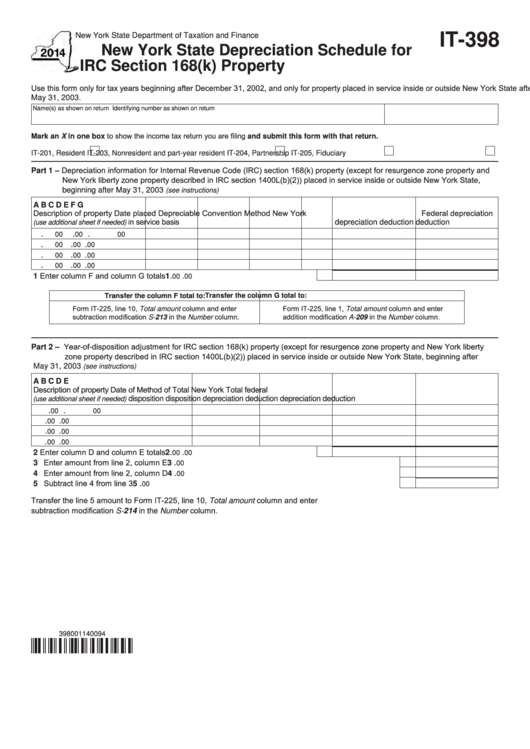 Fillable Form It-398 - New York State Depreciation Schedule For Irc Section 168(K) Property - 2014 Printable pdf