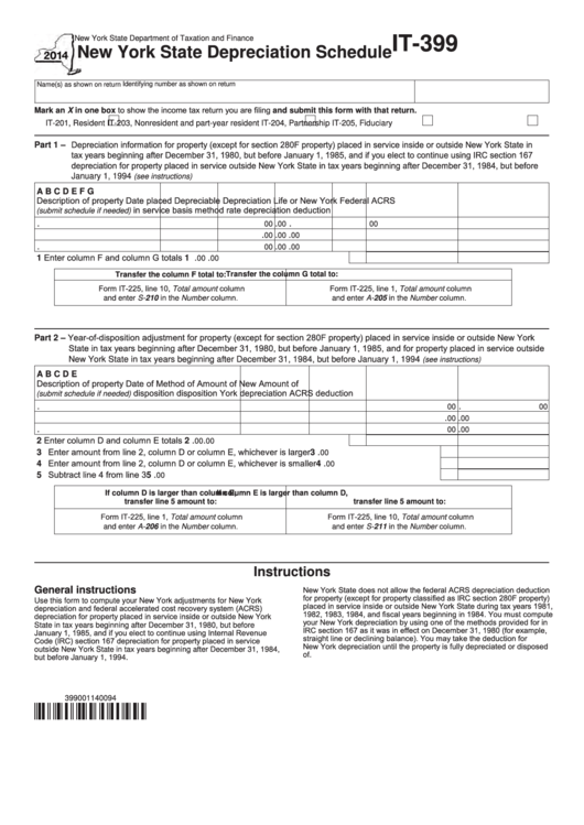Fillable Form It-399 - New York State Depreciation Schedule - 2014 Printable pdf