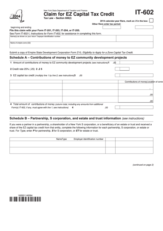 Fillable Form It-602 - Claim For Ez Capital Tax Credit - 2014 Printable pdf