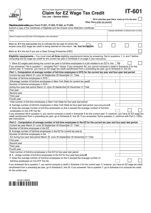Fillable Form It-601 - Claim For Ez Wage Tax Credit - 2014 Printable pdf