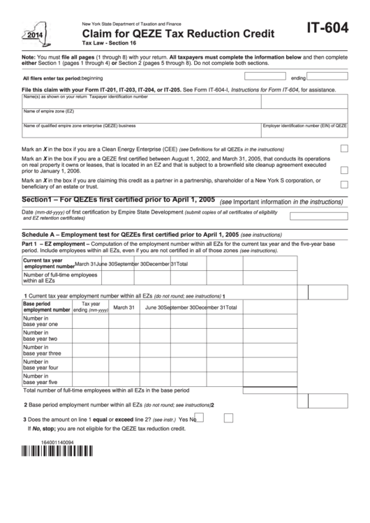 Fillable Form It-604 - Claim For Qeze Tax Reduction Credit - 2014 Printable pdf
