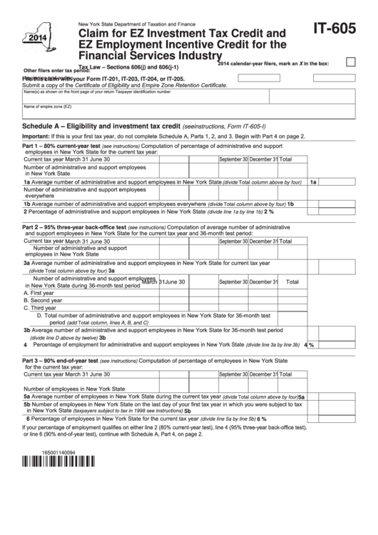 Fillable Form It-605 - Claim For Ez Investment Tax Credit And Ez Employment Incentive Credit For The Financial Services Industry - 2014 Printable pdf